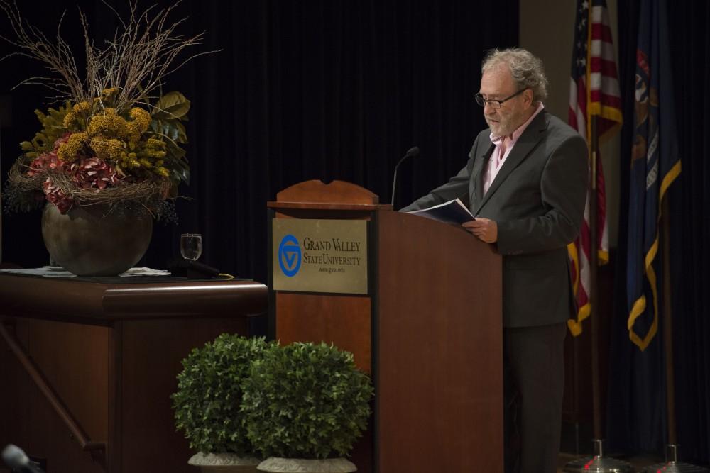 GVL / Luke Holmes - Dr. John Lyne holds his speech, “Metaphors We Die By: How Patterns of Communication Can Become Deadly”, in the Loosemore Auditorium Monday, Sept. 19, 2016.