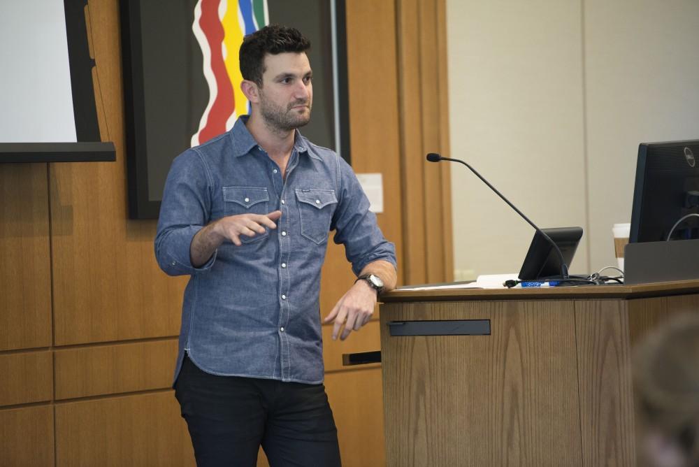 GVL / Luke Holmes - Brian Bordainick speaks to students and faculty about entrepreneurship at the Seidman College of Business Tuesday, Sept. 20, 2016.