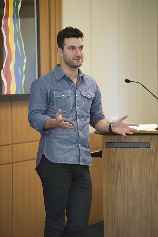 GVL / Luke Holmes - Brian Bordainick speaks to students and faculty about entrepreneurship at the Seidman College of Business Tuesday, Sept. 20, 2016.