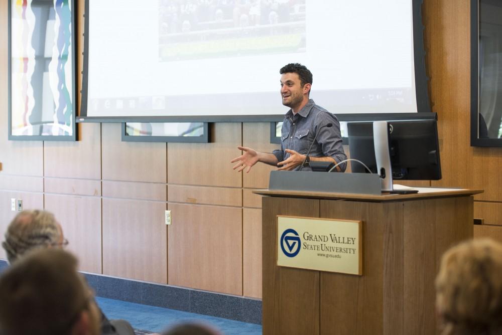 GVL / Luke Holmes - Brian Bordainick speaks to students and faculty about entrepreneurship at the Seidman College of Business Tuesday, Sept. 20, 2016.