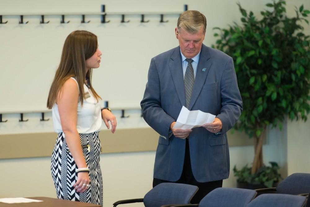 GVL / Luke Holmes - President Thomas Haas prepares to speak before Student Senate. Student Senate held their first meeting of the year in the Pere Marquette Room Thursday, Sep. 1, 2016.