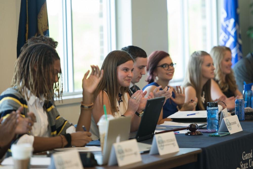 GVL / Luke Holmes - The members of the Student Senate board as President Thomas Haas comes to the podium. Student Senate held their first meeting of the year in the Pere Marquette Room Thursday, Sep. 1, 2016.