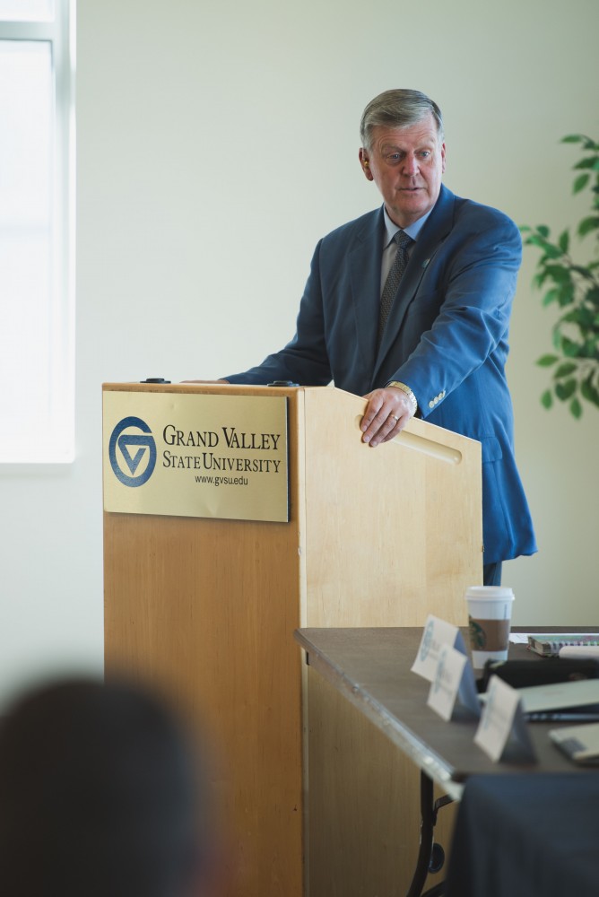 GVL / Luke Holmes - President Thomas Haas speaks to the members of Student Senate. Student Senate held their first meeting of the year in the Pere Marquette Room Thursday, Sep. 1, 2016.