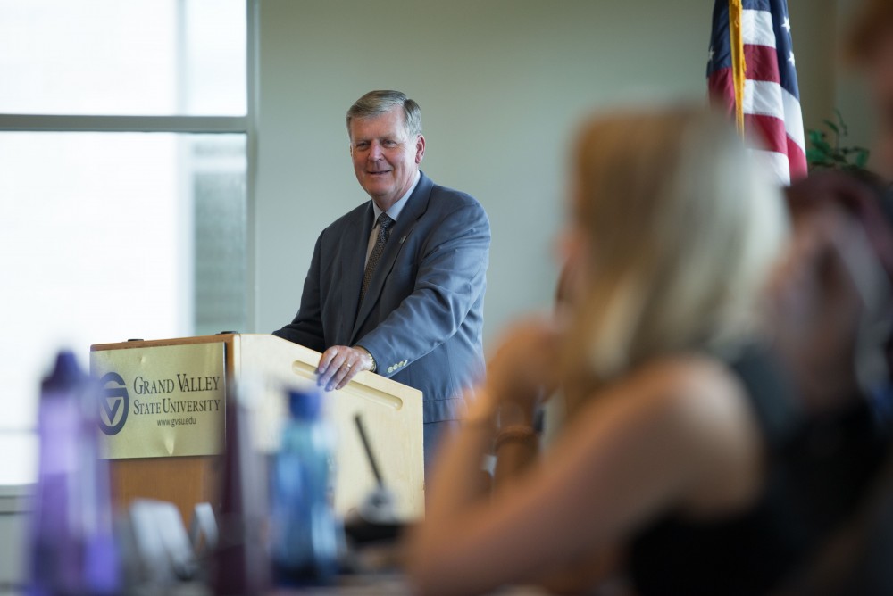 GVL / Luke Holmes - President Thomas Haas speaks to Student Senate. Student Senate held their first meeting of the year in the Pere Marquette Room Thursday, Sep. 1, 2016.