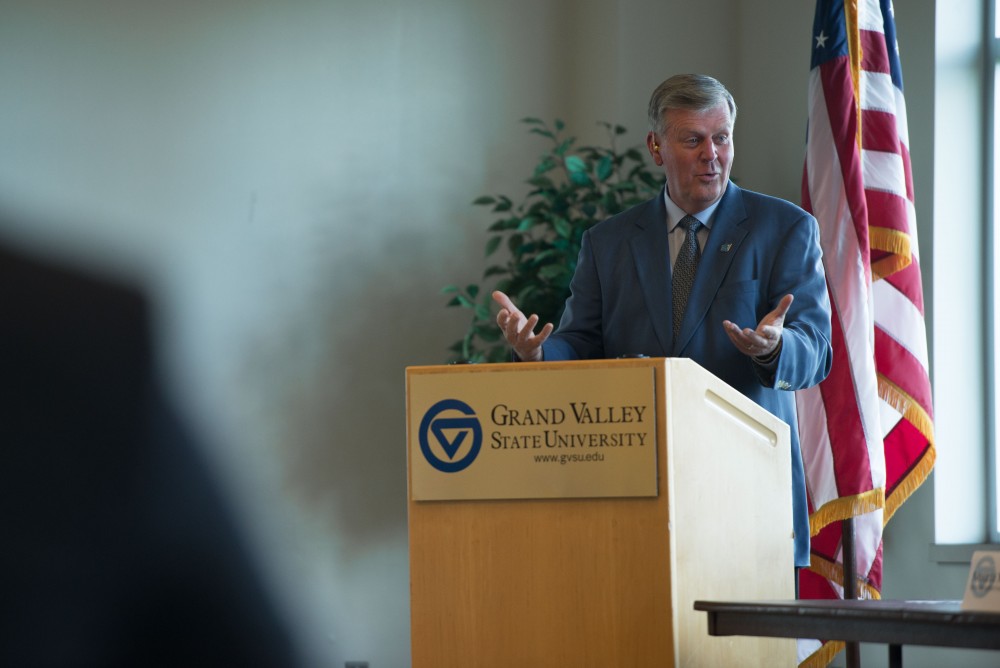 GVL / Luke Holmes - President Thomas Haas speaks to Student Senate. Student Senate held their first meeting of the year in the Pere Marquette Room Thursday, Sep. 1, 2016.