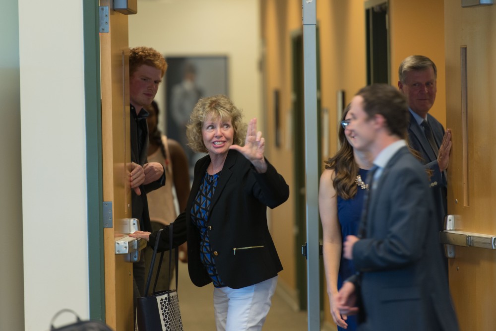 GVL / Luke Holmes - President Haas and Marcia Haas leave the Student Senate meeting. Student Senate held their first meeting of the year in the Pere Marquette Room Thursday, Sep. 1, 2016.