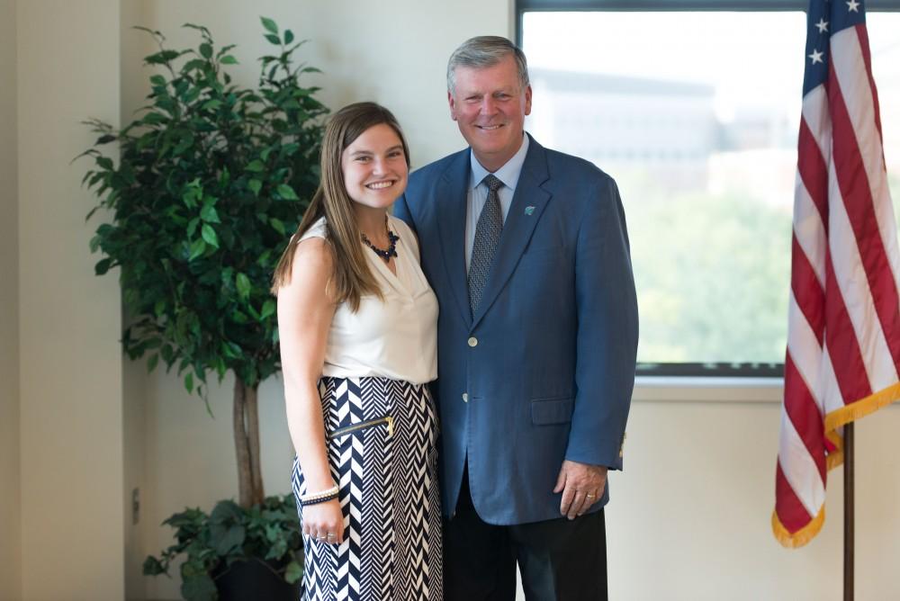 GVL / Luke Holmes - Ella Fritzemeier poses with President Thomas Haas. Student Senate held their first meeting of the year in the Pere Marquette Room Thursday, Sep. 1, 2016.