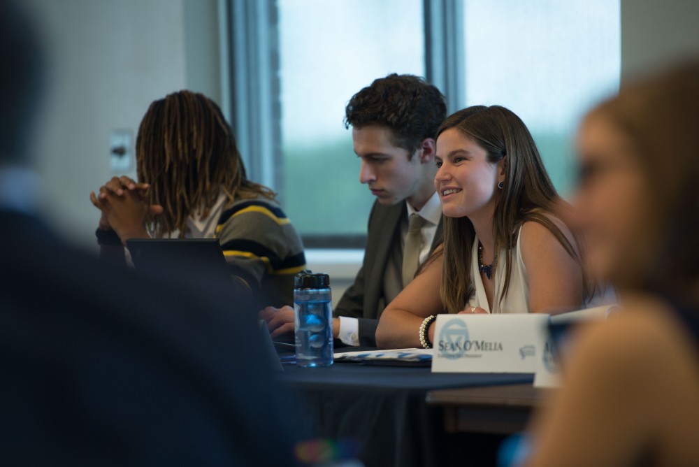 GVL / Luke Holmes - Ella Fritzemeier answers a question during the meeting. Student Senate held their first meeting of the year in the Pere Marquette Room Thursday, Sep. 1, 2016.