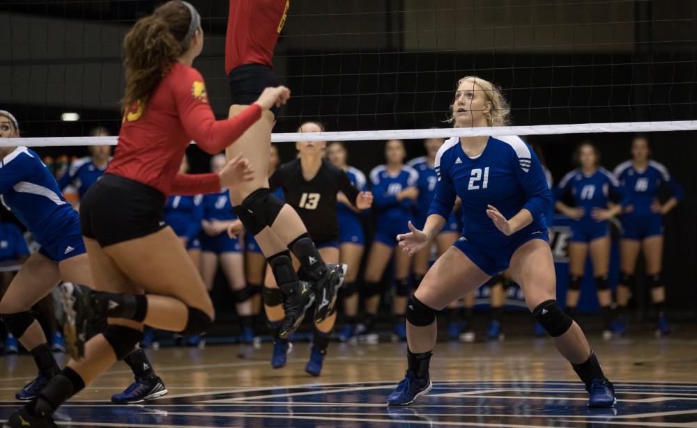 GVL/Kevin Sielaff - Staci Brower (21) tracks the ball. The Lakers fall to the Bulldogs of Ferris State with a final score of 1-3 Tuesday, Sept. 27, 2016 in Allendale.