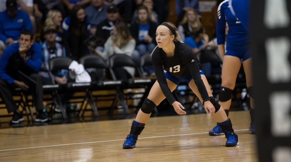 GVL/Kevin Sielaff - Amanda Glaza (13) stands ready. The Lakers fall to the Bulldogs of Ferris State with a final score of 1-3 Tuesday, Sept. 27, 2016 in Allendale.