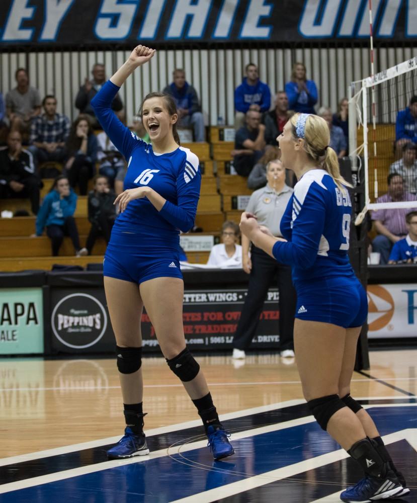 GVL/Kevin Sielaff - Sydney Doby (16) celebrates a Laker point. The Lakers fall to the Bulldogs of Ferris State with a final score of 1-3 Tuesday, Sept. 27, 2016 in Allendale.