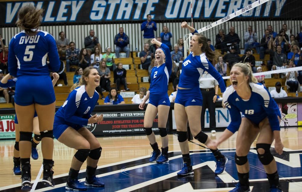 GVL/Kevin Sielaff - Grand Valley celebrates a point. The Lakers fall to the Bulldogs of Ferris State with a final score of 1-3 Tuesday, Sept. 27, 2016 in Allendale.