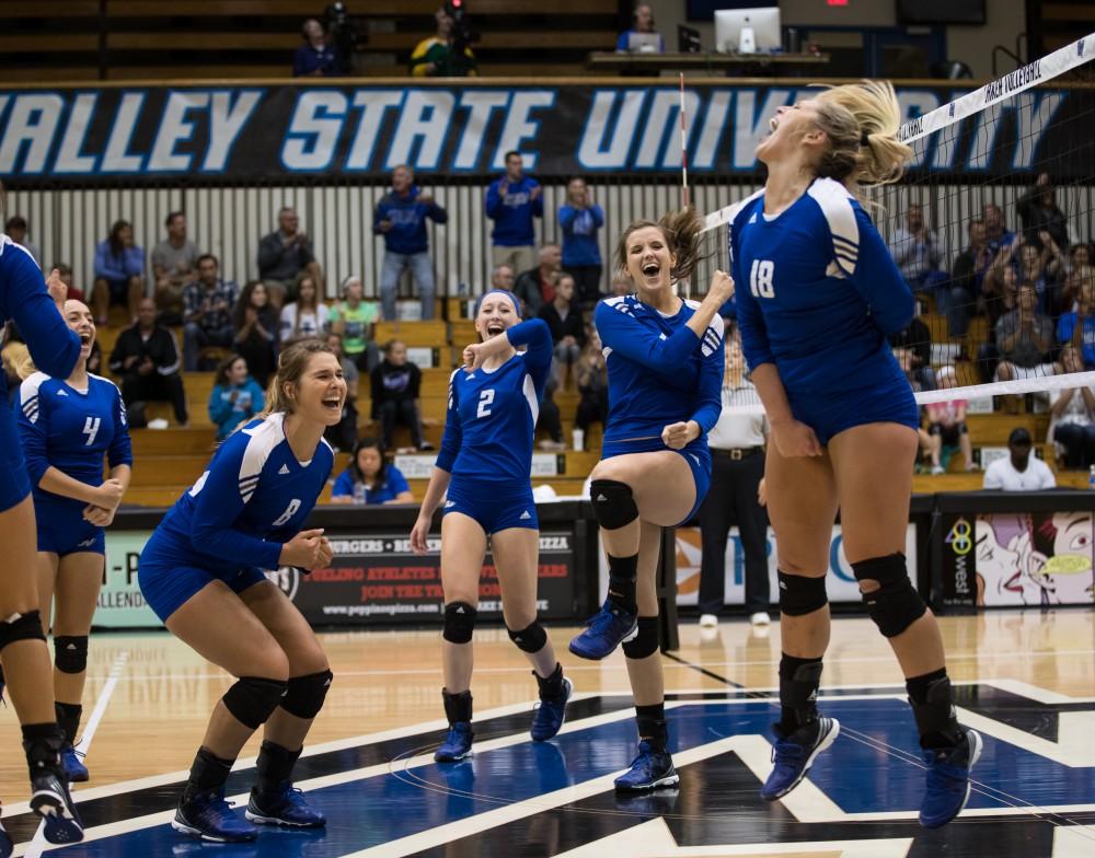 GVL/Kevin Sielaff - Grand Valley celebrates a point. The Lakers fall to the Bulldogs of Ferris State with a final score of 1-3 Tuesday, Sept. 27, 2016 in Allendale.