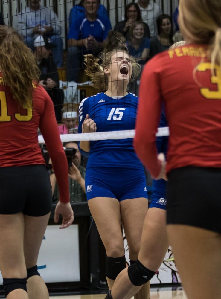 GVL/Kevin Sielaff - Jayci Suseland (15) celebrates a Grand Valley point. The Lakers fall to the Bulldogs of Ferris State with a final score of 1-3 Tuesday, Sept. 27, 2016 in Allendale.