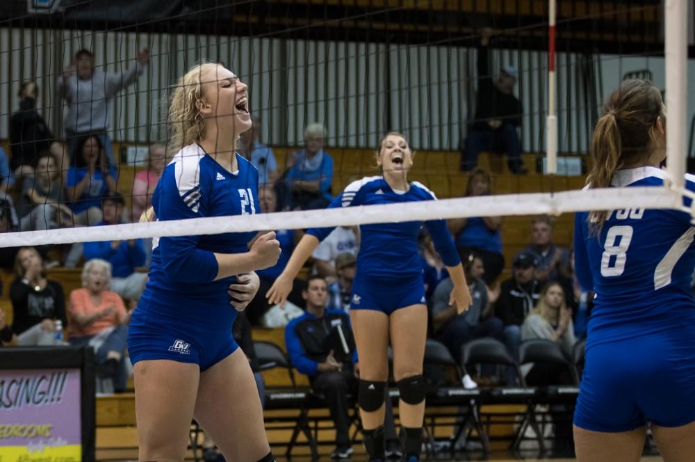 GVL/Kevin Sielaff - Staci Brower (21) celebrates a Grand Valley point. The Lakers fall to the Bulldogs of Ferris State with a final score of 1-3 Tuesday, Sept. 27, 2016 in Allendale.