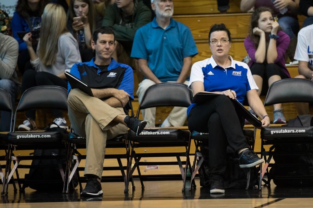 GVL/Kevin Sielaff - Head coach Deanna Scanlon. The Lakers sweep the Cavaliers of Walsh University Saturday, Sept. 24, 2016 in Allendale.