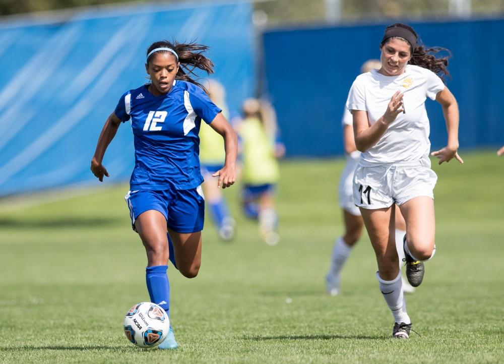 GVL/Kevin Sielaff - Jayma Martin (12) moves the ball up field. The Lakers defeat the Panthers of Ohio Dominican with a final score of 4-0 on Sunday, Sept. 18, 2016 in Allendale.