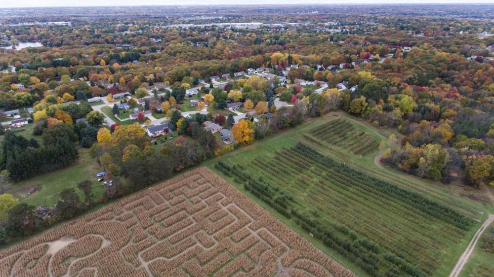 GVL/Kevin Sielaff - An aerial view of the Halloween themed corn maze at Robinettes Apple Haus & Winery on Sunday, Oct. 30, 2016.  