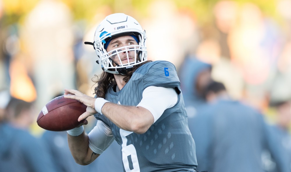 GVL/Kevin Sielaff - Bart Williams (6) warms up before the start of the match. The Lakers defeat the Bulldogs of Ferris State University Saturday, Oct. 8, 2016 with a final score of 35-23 in Allendale. 