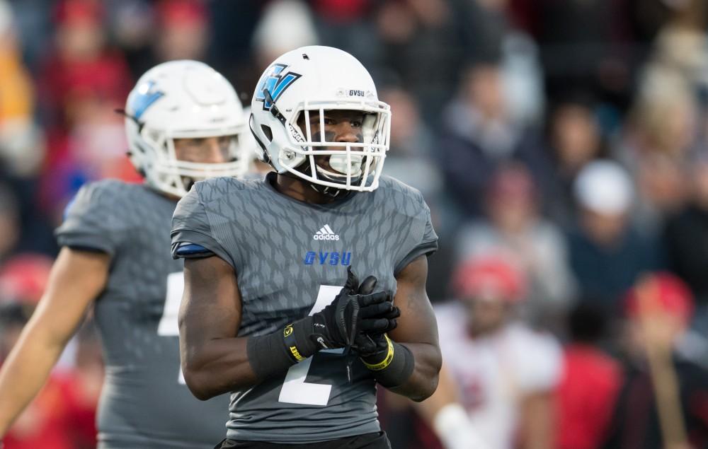 GVL/Kevin Sielaff - Marquez Gollman (2) looks to the sideline before the start of a play. The Lakers defeat the Bulldogs of Ferris State University Saturday, Oct. 8, 2016 with a final score of 35-23 in Allendale. 