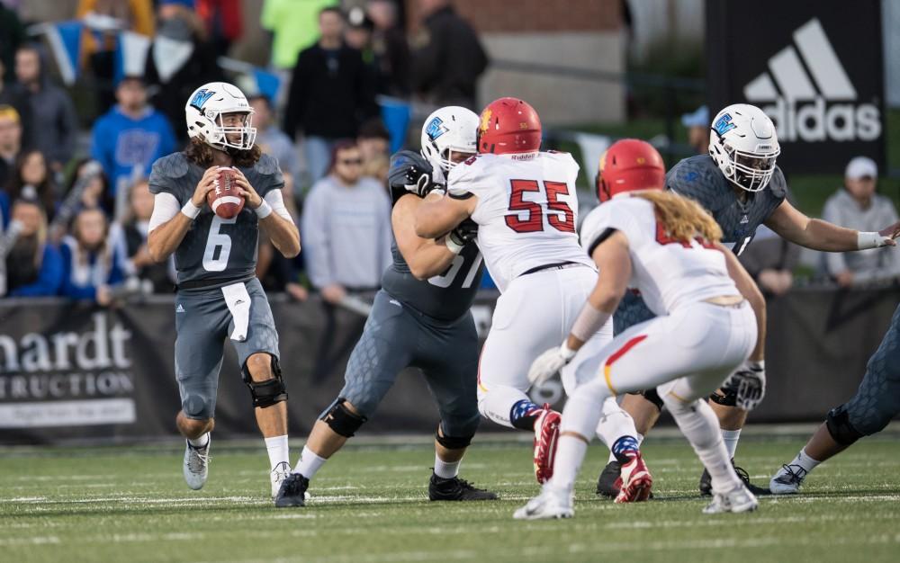 GVL/Kevin Sielaff - Bart Williams (6) steps back in the pocket and looks down field for a receiver. The Lakers defeat the Bulldogs of Ferris State University Saturday, Oct. 8, 2016 with a final score of 35-23 in Allendale. 