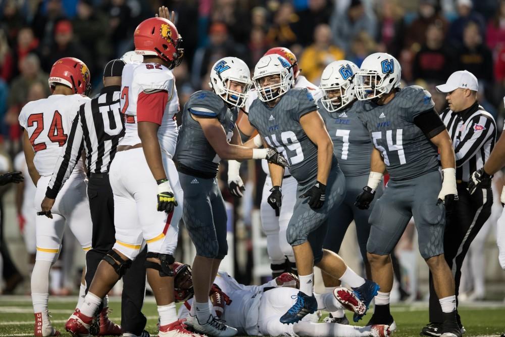 GVL/Kevin Sielaff - Collin Schlosser (49) celebrates a tackle. The Lakers defeat the Bulldogs of Ferris State University Saturday, Oct. 8, 2016 with a final score of 35-23 in Allendale. 