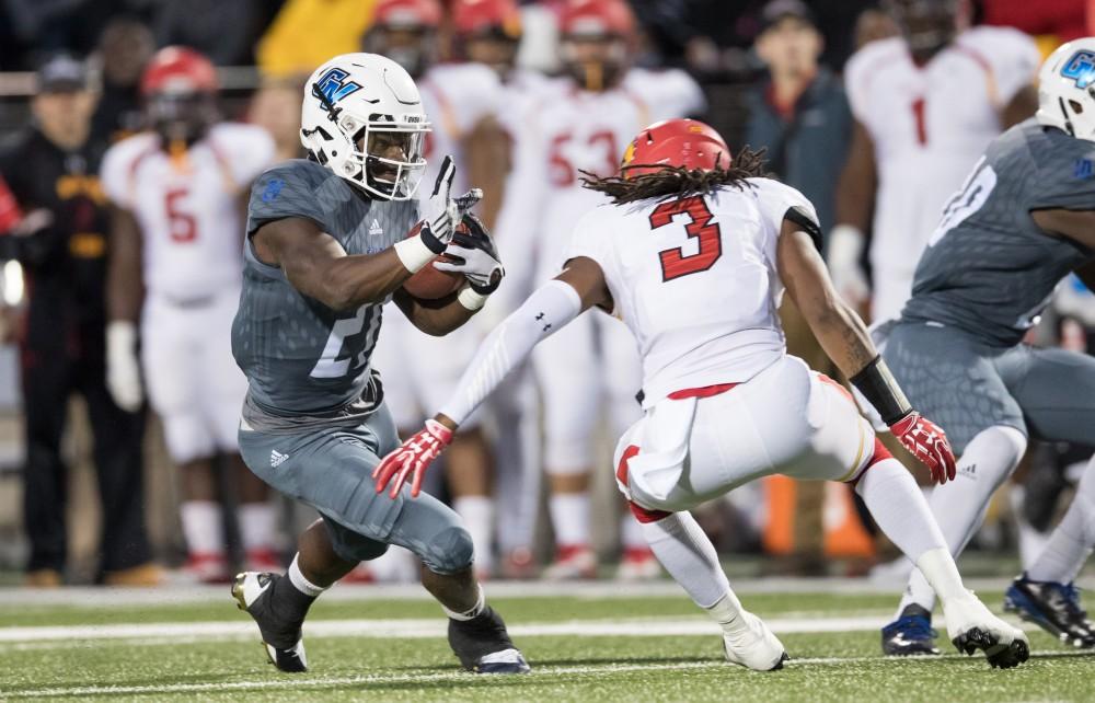 GVL/Kevin Sielaff - Marty Carter (21) moves the ball up field. The Lakers defeat the Bulldogs of Ferris State University Saturday, Oct. 8, 2016 with a final score of 35-23 in Allendale. 