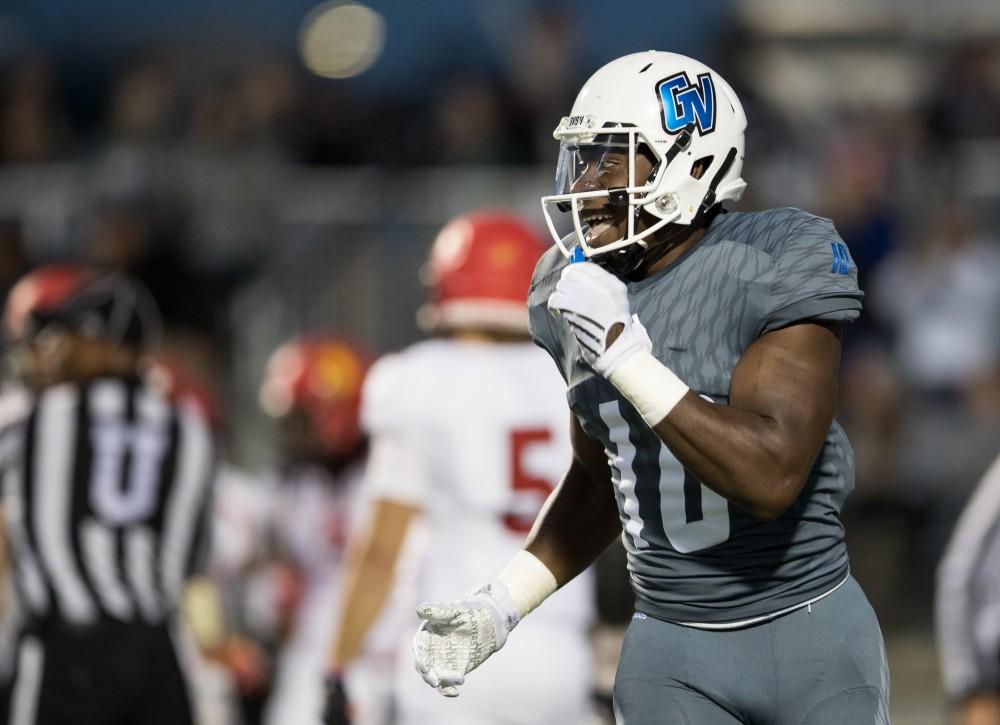 GVL/Kevin Sielaff - Urston Smith (10) celebrates a Grand Valley touchdown. The Lakers defeat the Bulldogs of Ferris State University Saturday, Oct. 8, 2016 with a final score of 35-23 in Allendale. 