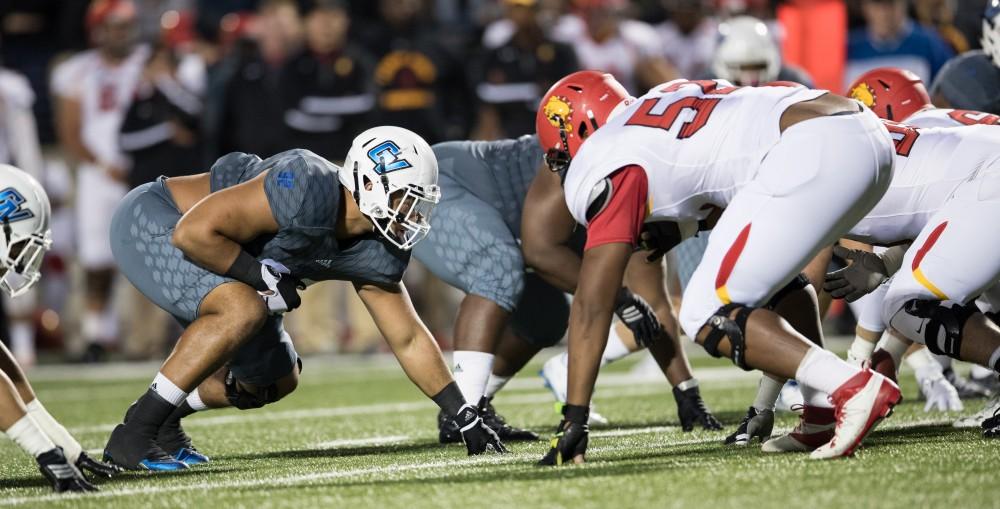 GVL/Kevin Sielaff - Keane Belcher (92) sets himself up on the line of scrimmage. The Lakers defeat the Bulldogs of Ferris State University Saturday, Oct. 8, 2016 with a final score of 35-23 in Allendale. 