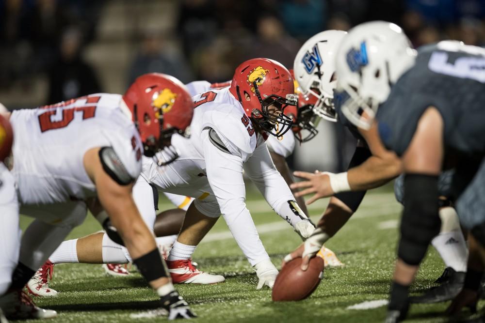 GVL/Kevin Sielaff - Ferris State's Torrey Appel (53) sets himself up on the line of scrimmage. The Lakers defeat the Bulldogs of Ferris State University Saturday, Oct. 8, 2016 with a final score of 35-23 in Allendale. 