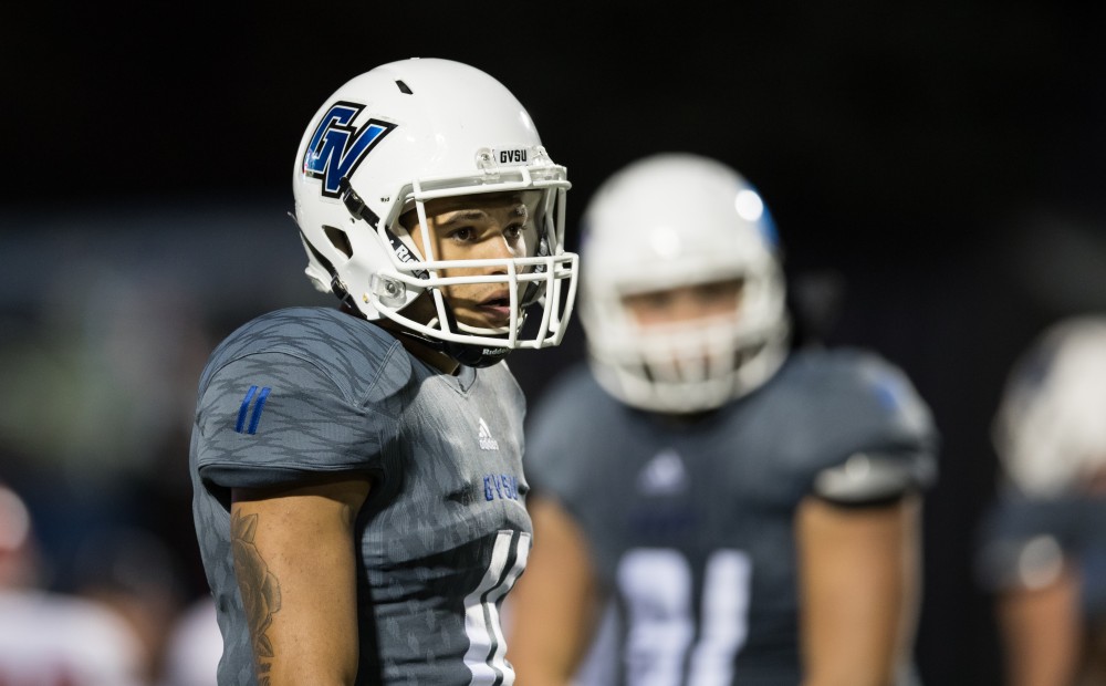 GVL/Kevin Sielaff - Nick Dodson (11) looks on toward the sideline. The Lakers defeat the Bulldogs of Ferris State University Saturday, Oct. 8, 2016 with a final score of 35-23 in Allendale. 