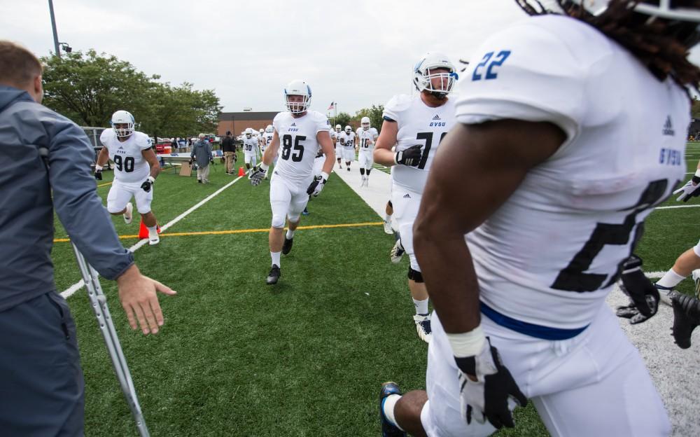 GVL/Kevin Sielaff - Brian Moran (85) enters the field before the start of the match. The Lakers square off against the Panthers of Ohio Dominican University Saturday, Oct. 1, 2016 and win with a final score of 24-21 in Columbus, OH.