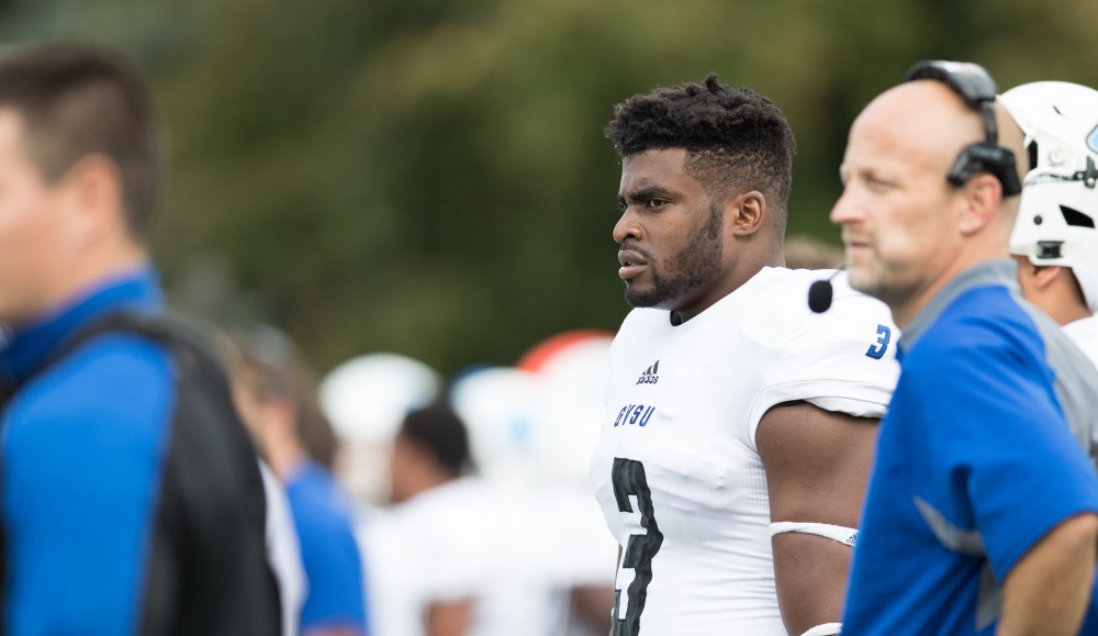 GVL/Kevin Sielaff - Sydney Omameh (3) waits on the sideline as Grand Valley's offense takes the field. The Lakers square off against the Panthers of Ohio Dominican University Saturday, Oct. 1, 2016 and win with a final score of 24-21 in Columbus, OH.