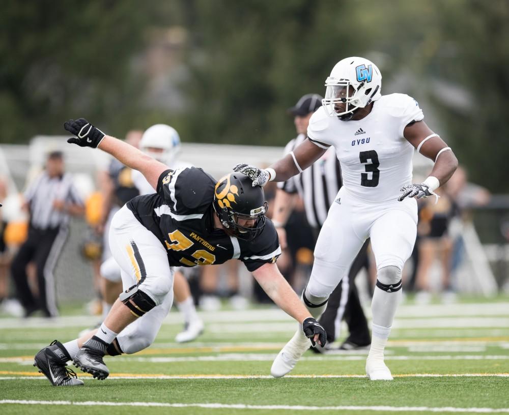 GVL/Kevin Sielaff - Sydney Omameh (3) breaks free of his blocker and penetrates the Panthers' offensive line. The Lakers square off against the Panthers of Ohio Dominican University Saturday, Oct. 1, 2016 and win with a final score of 24-21 in Columbus, OH.