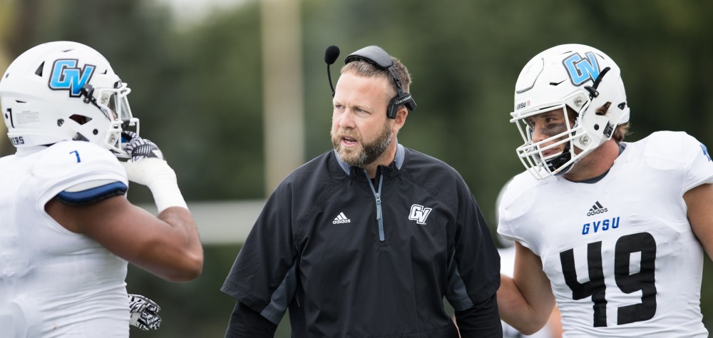 GVL/Kevin Sielaff - Head coach Matt Mitchell has words with Grand Valley's defensive line as they prepare to punt  the ball away. The Lakers square off against the Panthers of Ohio Dominican University Saturday, Oct. 1, 2016 and win with a final score of 24-21 in Columbus, OH.