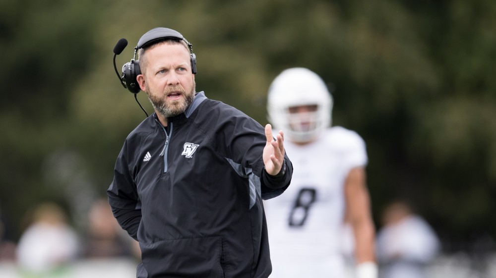 GVL/Kevin Sielaff - Head coach Matt Mitchell reacts to a sideline warning penalty. The Lakers square off against the Panthers of Ohio Dominican University Saturday, Oct. 1, 2016 and win with a final score of 24-21 in Columbus, OH.