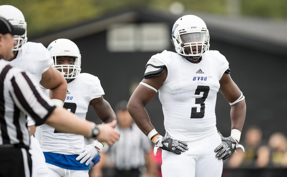 GVL/Kevin Sielaff - Sydney Omameh (3) waits for the start of the play. The Lakers square off against the Panthers of Ohio Dominican University Saturday, Oct. 1, 2016 and win with a final score of 24-21 in Columbus, OH.