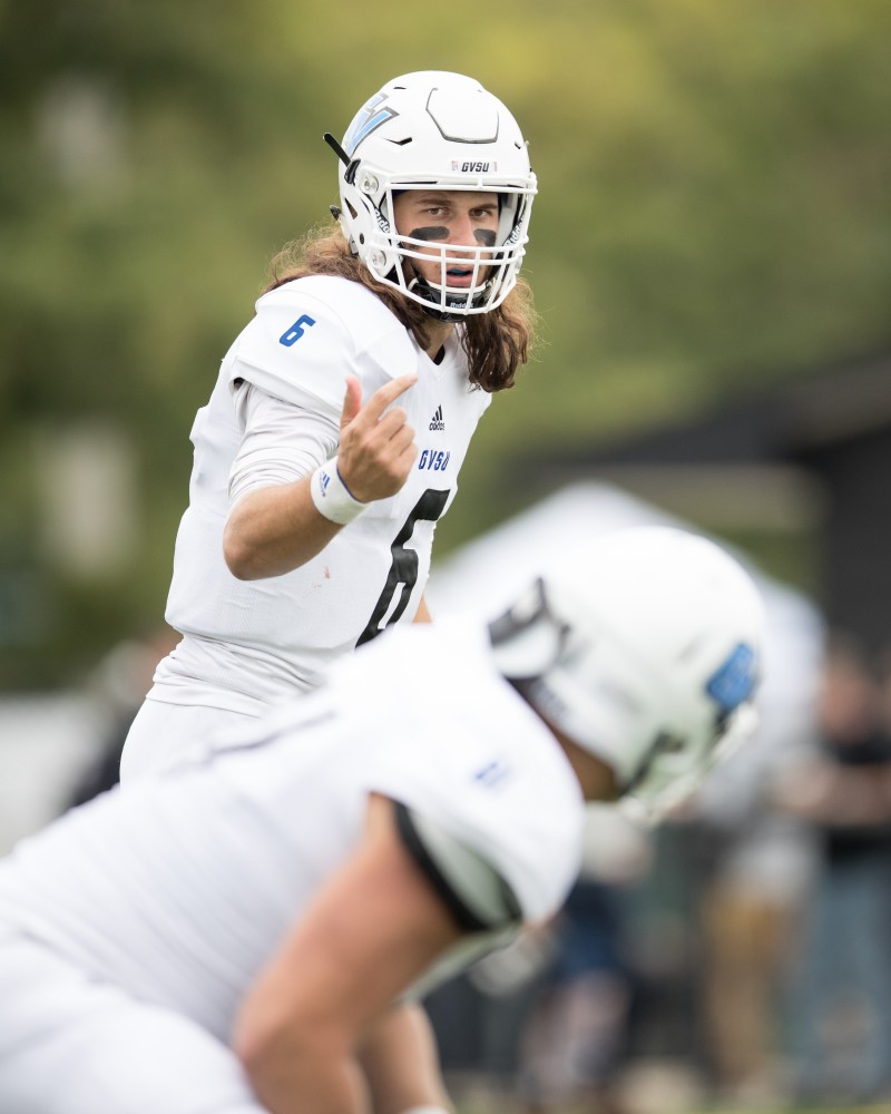 GVL/Kevin Sielaff - Bart Williams (6) calls for a play at the line of scrimmage. The Lakers square off against the Panthers of Ohio Dominican University Saturday, Oct. 1, 2016 and win with a final score of 24-21 in Columbus, OH.