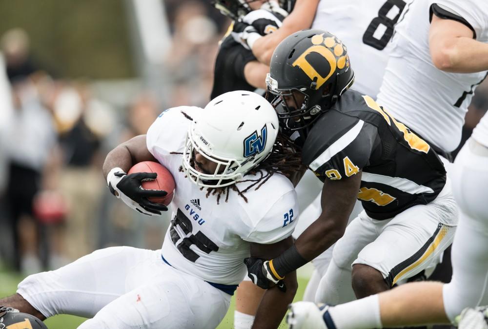 GVL/Kevin Sielaff - Terrell Dorsey (22) is tackled after a short gain. The Lakers square off against the Panthers of Ohio Dominican University Saturday, Oct. 1, 2016 and win with a final score of 24-21 in Columbus, OH.