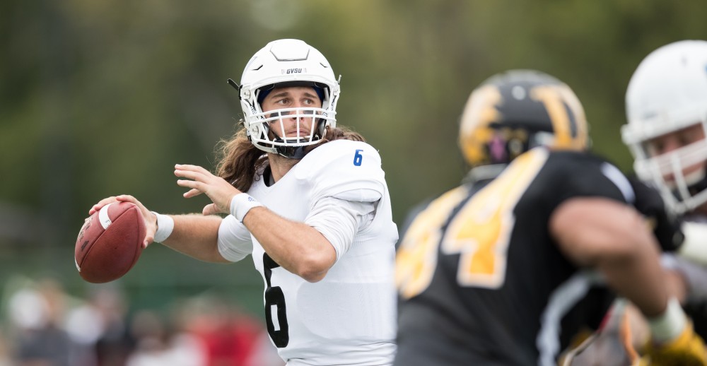 GVL/Kevin Sielaff - Bart Williams (6), under pressure, throws a deep ball down field. The Lakers square off against the Panthers of Ohio Dominican University Saturday, Oct. 1, 2016 and win with a final score of 24-21 in Columbus, OH.