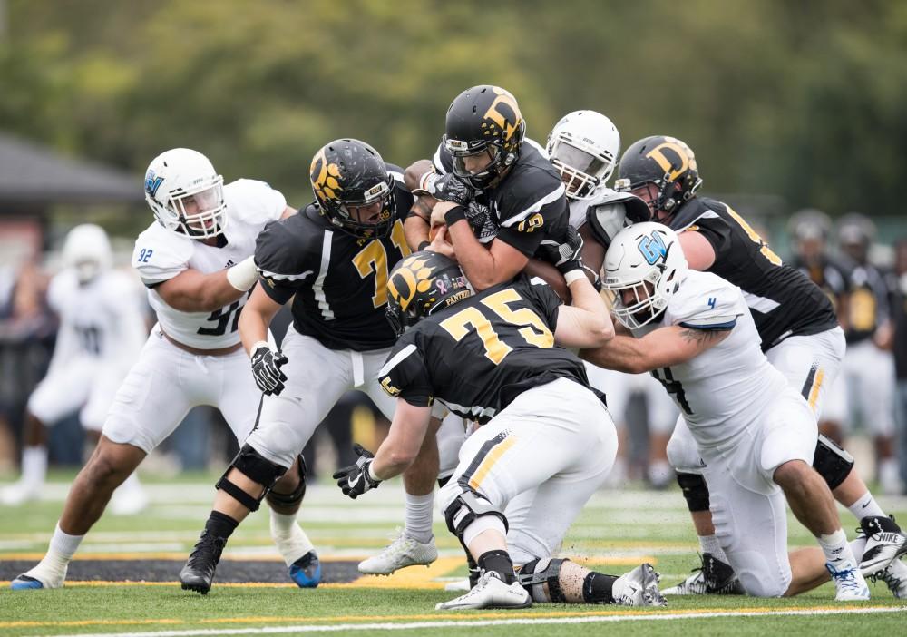 GVL/Kevin Sielaff - Sydney Omameh (3) moves in Ohio Dominican's Grant Russell (12) for the sack. The Lakers square off against the Panthers of Ohio Dominican University Saturday, Oct. 1, 2016 and win with a final score of 24-21 in Columbus, OH.