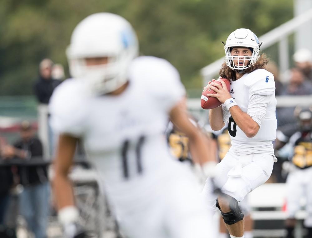 GVL/Kevin Sielaff - Bart Williams (6) targets Nick Dodson (11) down field. The Lakers square off against the Panthers of Ohio Dominican University Saturday, Oct. 1, 2016 and win with a final score of 24-21 in Columbus, OH.