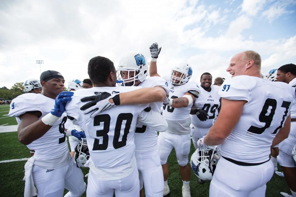 GVL/Kevin Sielaff - Devin McKissic (30) and company celebrate his game winning interception. The Lakers square off against the Panthers of Ohio Dominican University Saturday, Oct. 1, 2016 and win with a final score of 24-21 in Columbus, OH.