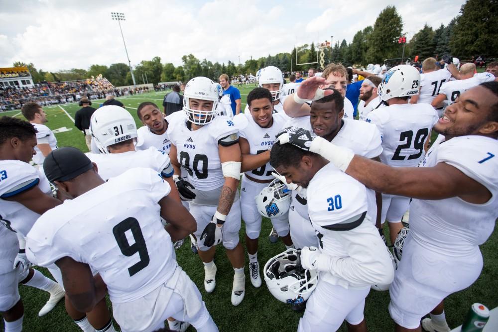 GVL/Kevin Sielaff - Devin McKissic (30) and company celebrate his game winning interception. The Lakers square off against the Panthers of Ohio Dominican University Saturday, Oct. 1, 2016 and win with a final score of 24-21 in Columbus, OH.