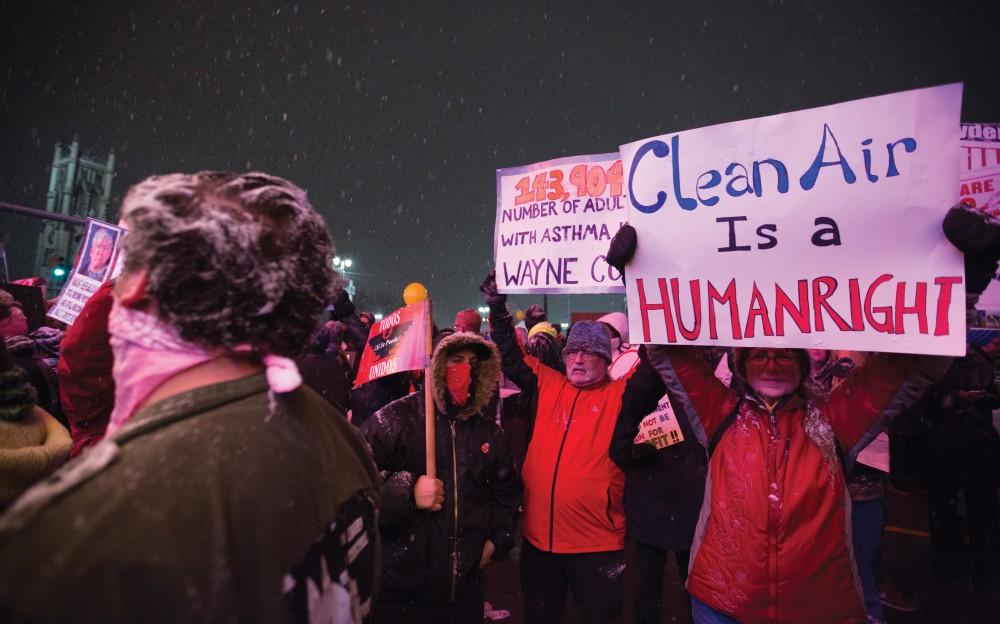 GVL / Kevin Sielaff - Protesters gather outside of the Fox Theater in Detroit, MI on Friday, March 4, 2016 to voice their opinions about the GOP candidates.