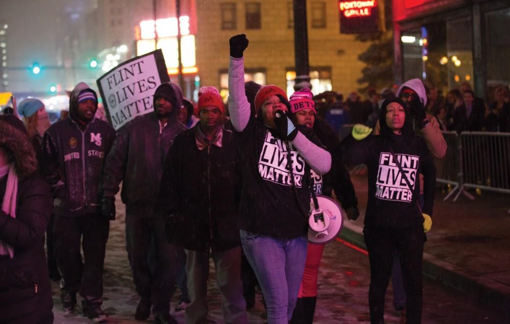 GVL / Kevin Sielaff - Protesters gather outside of the Fox Theater in Detroit, MI on Friday, March 4, 2016 to voice their opinions about the GOP candidates.