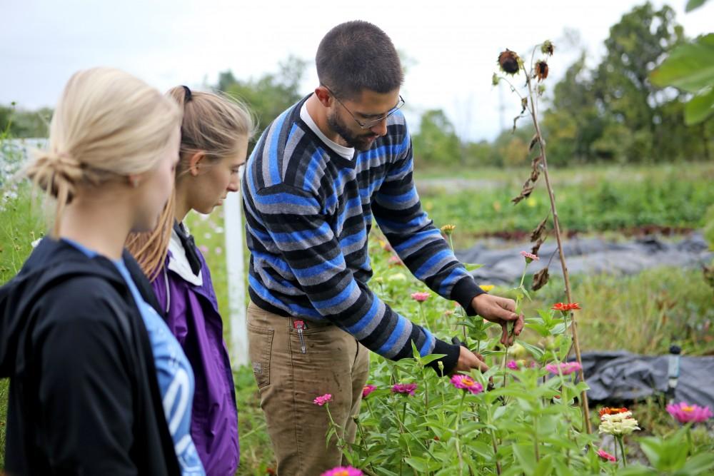 GVL / Emily Frye    
Youssef Darwich (far left) assists some Grand Valley student volunteers at the GVSU Sustainability Farm on Friday Sept. 30, 2016.