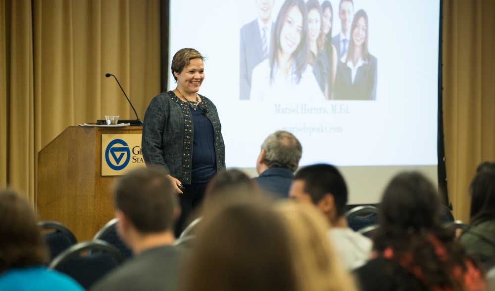 GVL/Kevin Sielaff - Merisel Herrera speaks inside the Kirkhof Center's Grand River Room Friday, Oct. 7, 2016.