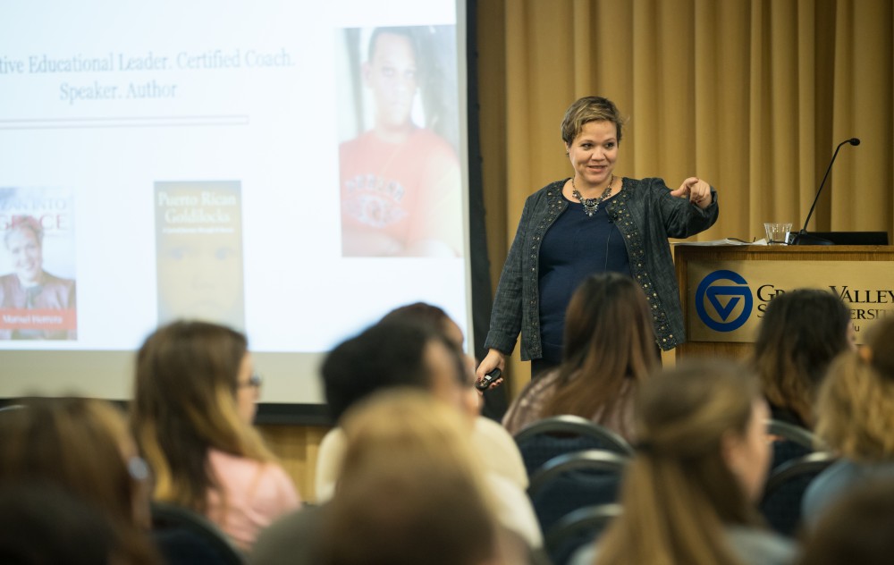 GVL/Kevin Sielaff - Merisel Herrera speaks inside the Kirkhof Center's Grand River Room Friday, Oct. 7, 2016.