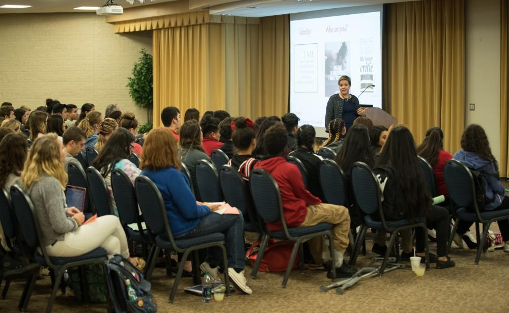 GVL/Kevin Sielaff - Merisel Herrera speaks inside the Kirkhof Center's Grand River Room Friday, Oct. 7, 2016.